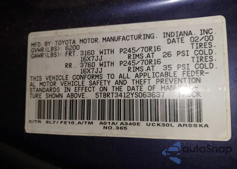 2000 Toyota Tundra Sr5 V8 from USA, damaged, VIN 5TBRT3412YS063637